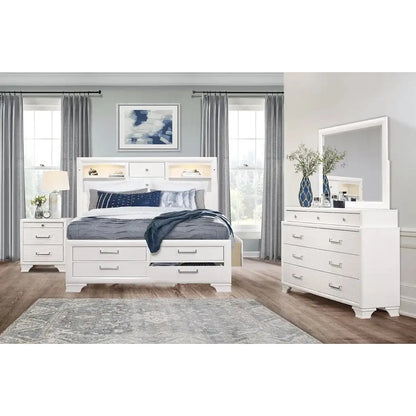 Jordyn White bedroom furniture set with bed,  chest, dresser and mirror 
