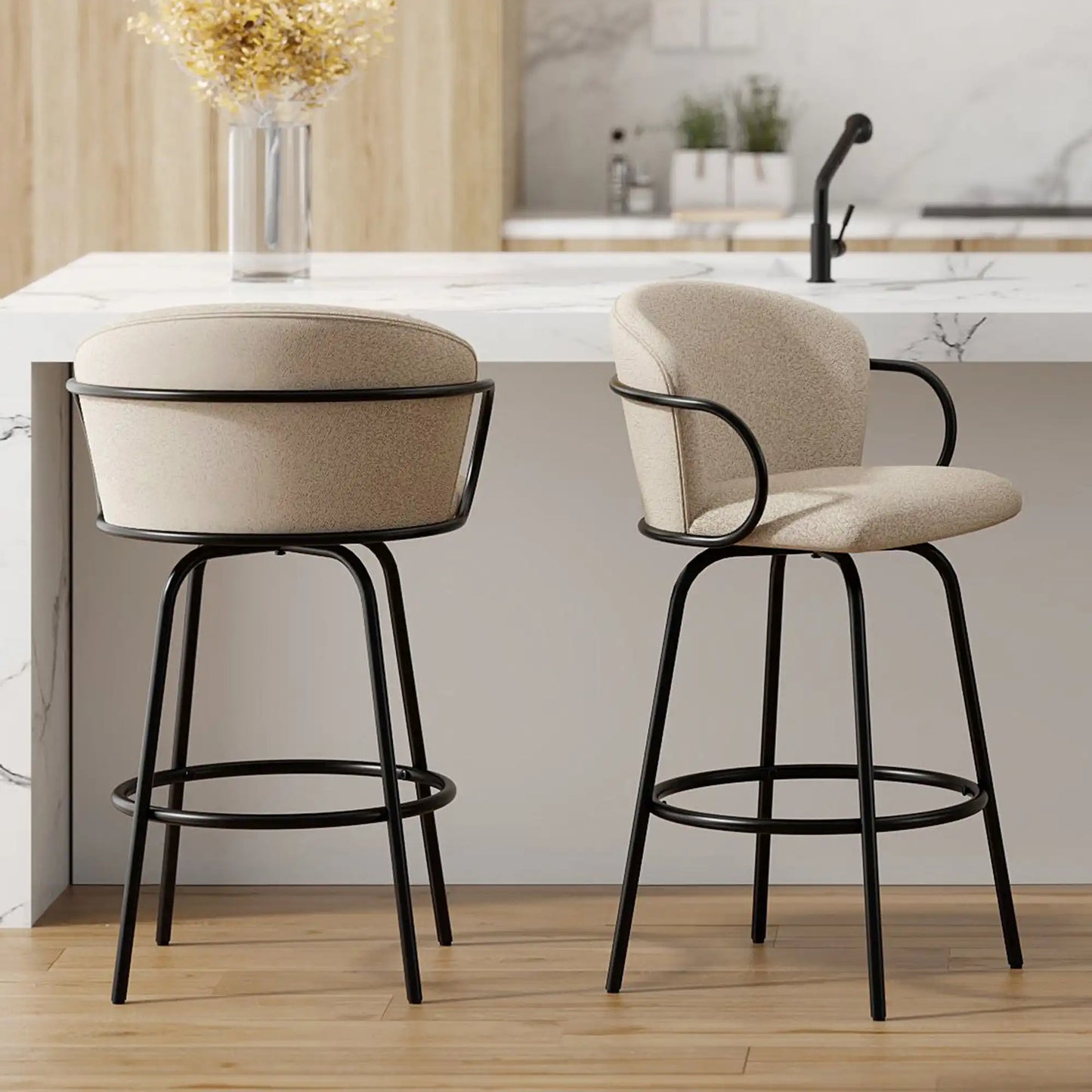 Kalani Swivel Counter Stool In Beige Bouclé Fabric - Set of 2