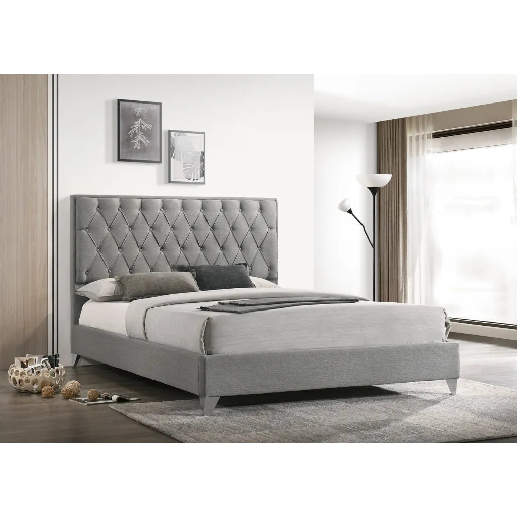 Grey King Bed with Diamond Button Headboard