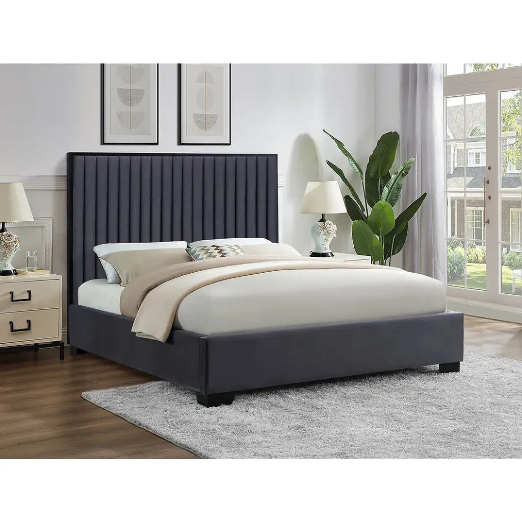 King Bed with Black Velvet Channel Tufted Headboard