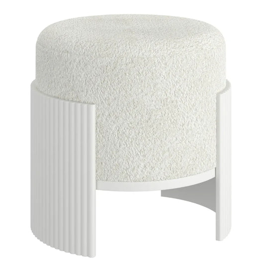 Kiraz Ivory Round Accent Ottoman with Boucle Upholstery & Wood Base