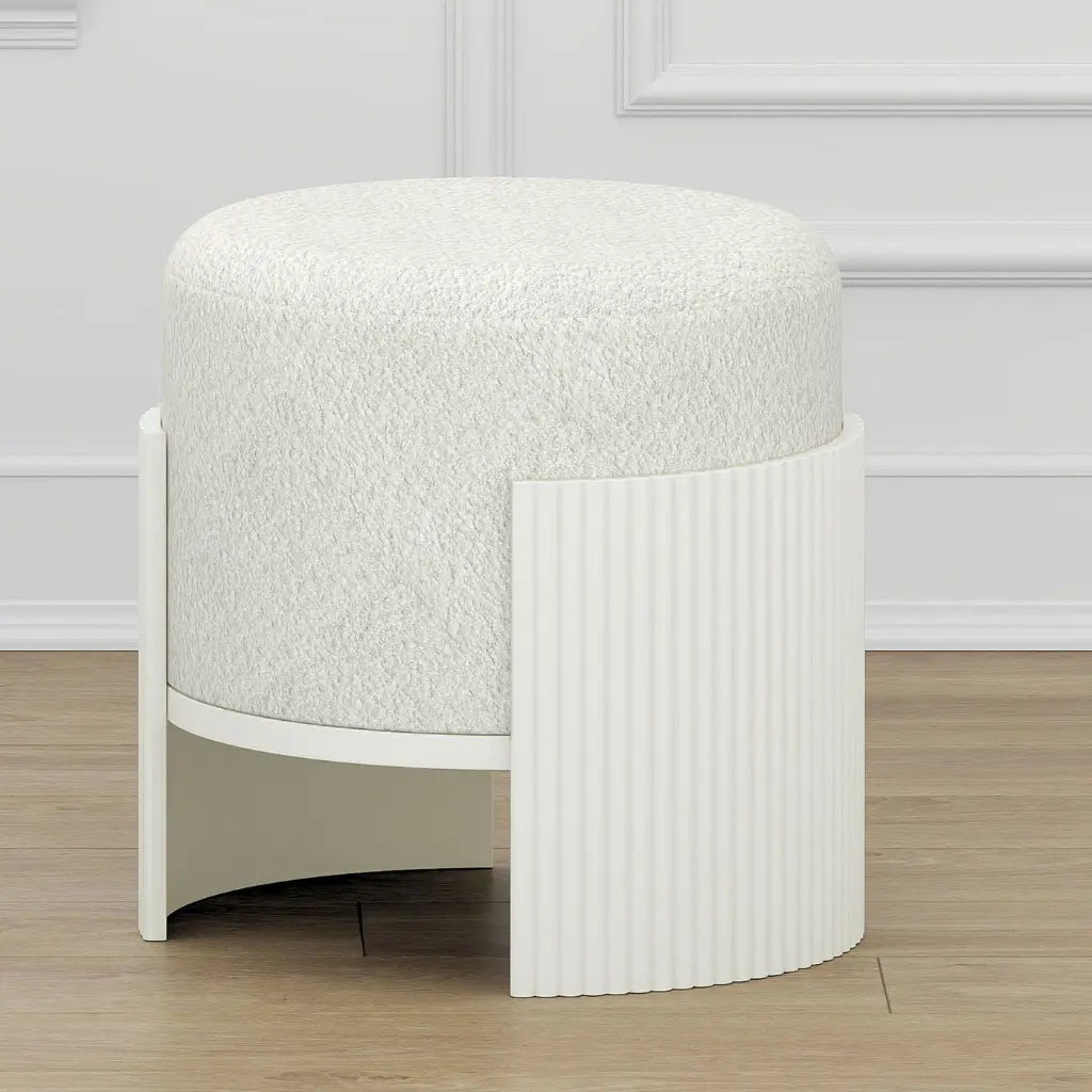 Kiraz Ivory Round Accent Ottoman with Boucle Upholstery & Wood Base