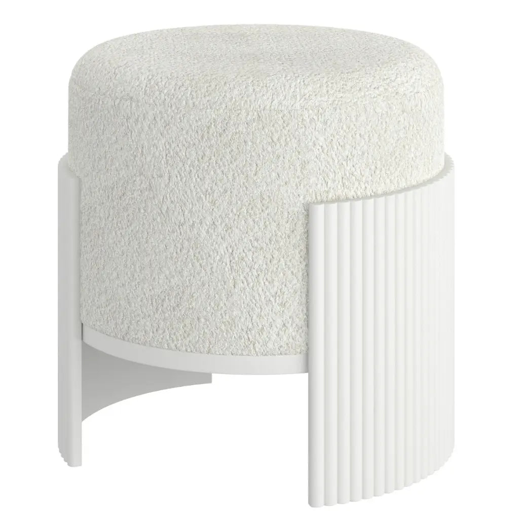 Kiraz Ivory Round Accent Ottoman with Boucle Upholstery & Wood Base