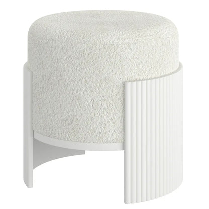 Kiraz Ivory Round Accent Ottoman with Boucle Upholstery & Wood Base