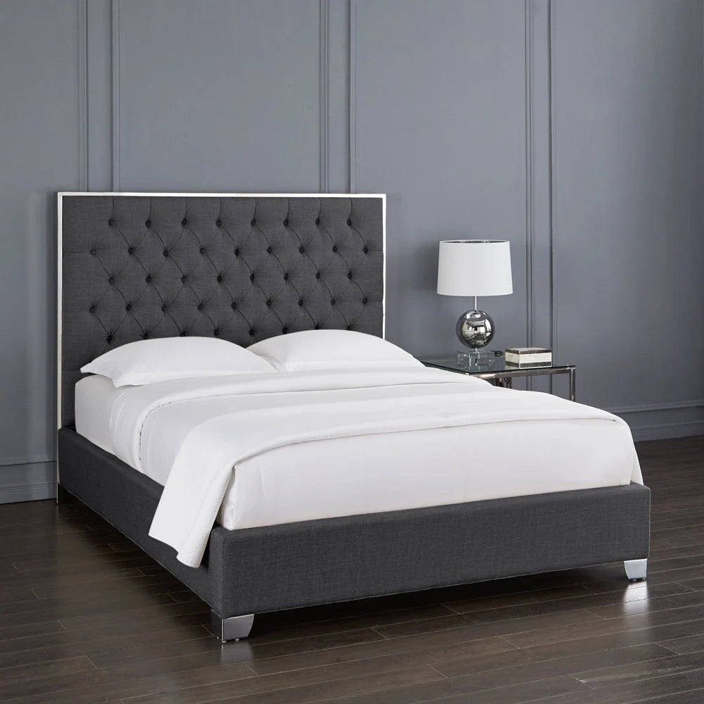 Kroma Grey Tufted King Bed Frame with Polished Steel Trim
