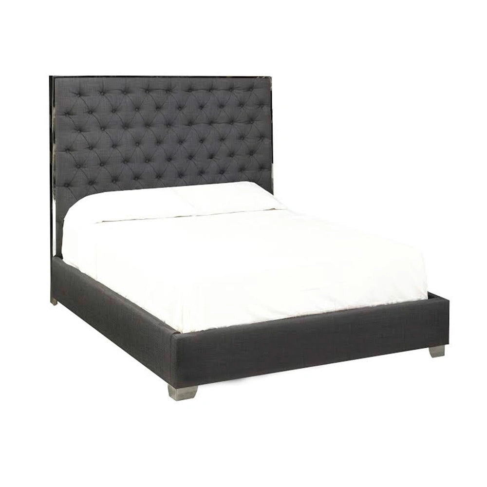 Kroma Grey Tufted King Bed Frame with Polished Steel Trim