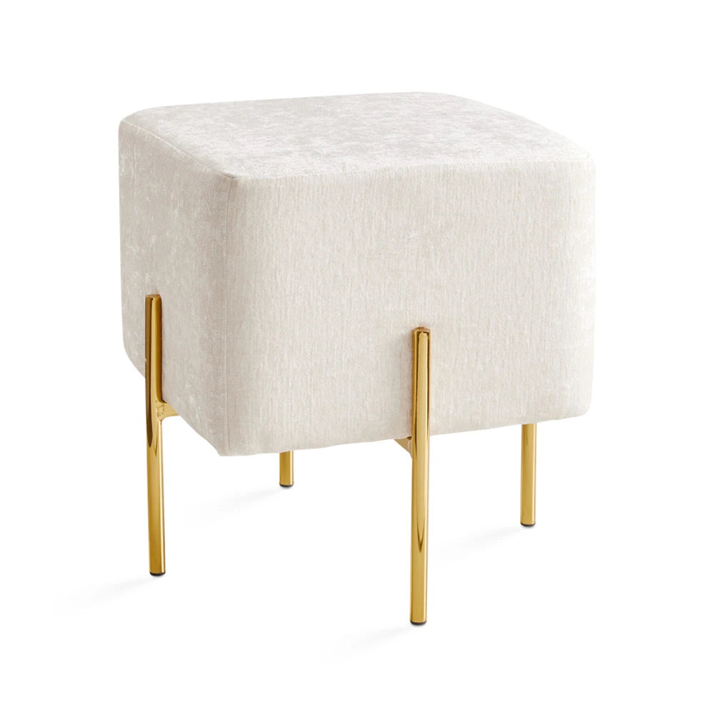 Kube Ivory Linen Ottoman with Polished Gold Legs - for living room