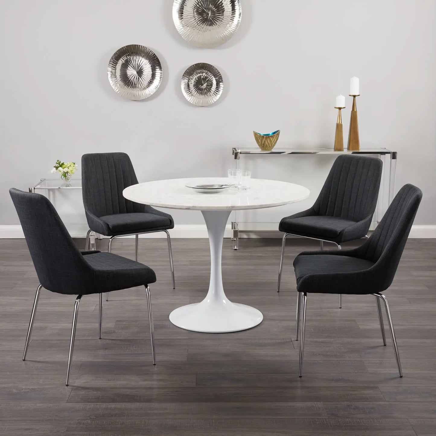 Kyros White Round Marble Dining Table with Sleek Modern Funnel Base