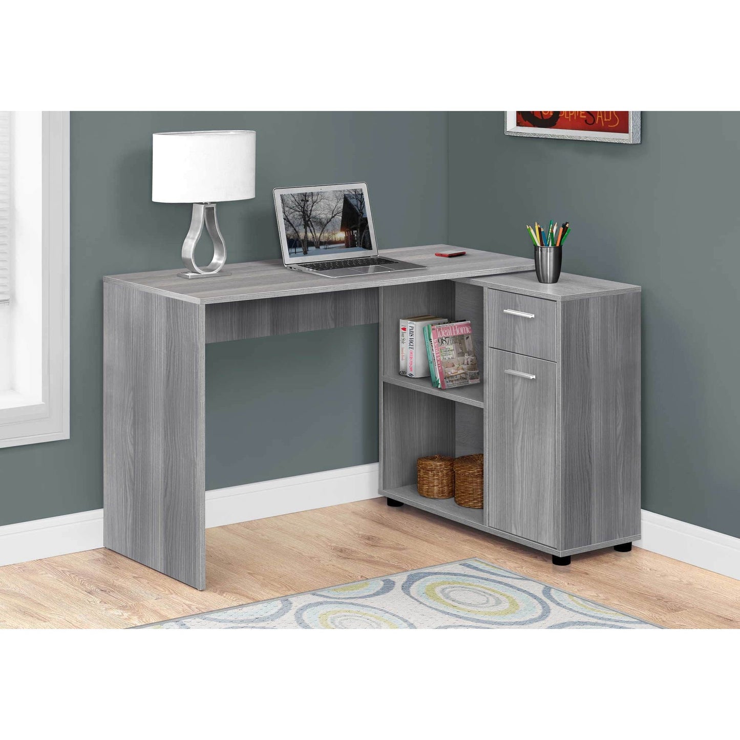 L-Shaped Student Desk – Grey Wood Look Corner Computer Desk with Storage