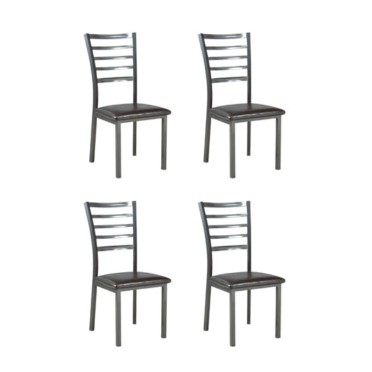 Four black dining metal chairs with cushioned seats 