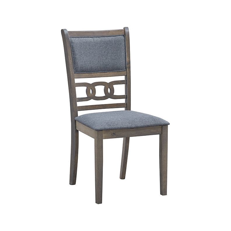 Wooden dining chair with grey cushioned fabric seat 