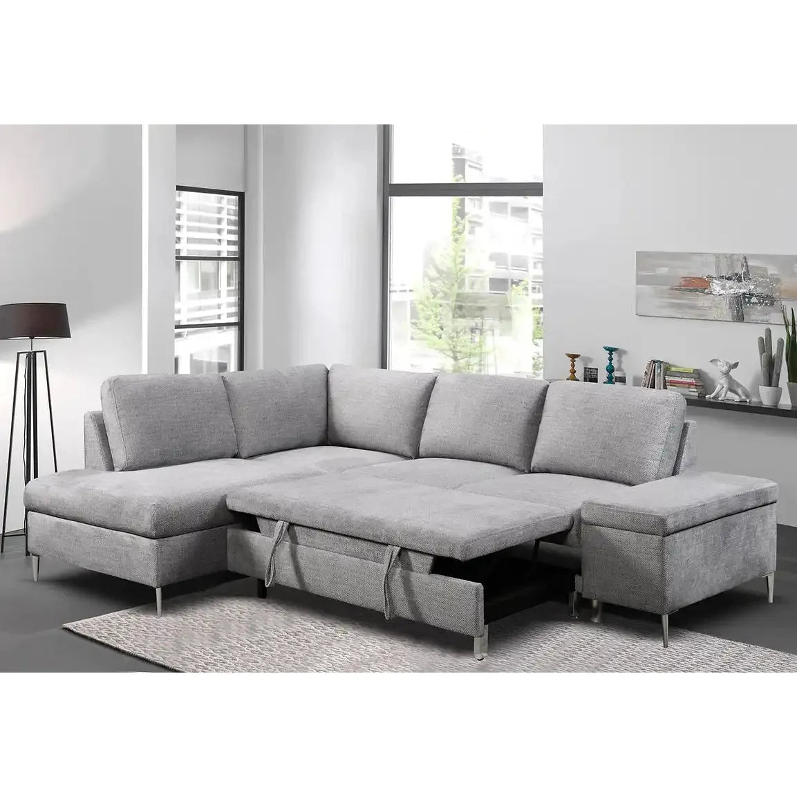 Gray sectional sofa with storage drawers for living room 