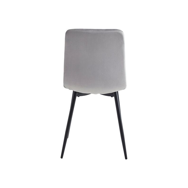 back of gray upholstered dining chair with black legs 