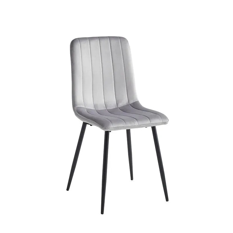 Grey upholstered dining chair with black legs 