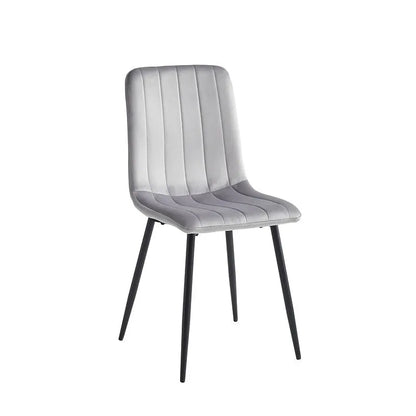 Grey upholstered dining chair with black legs 