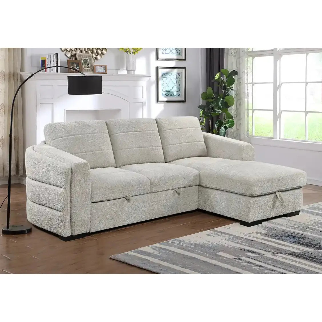 Beige sectional sofa in a living room setting 