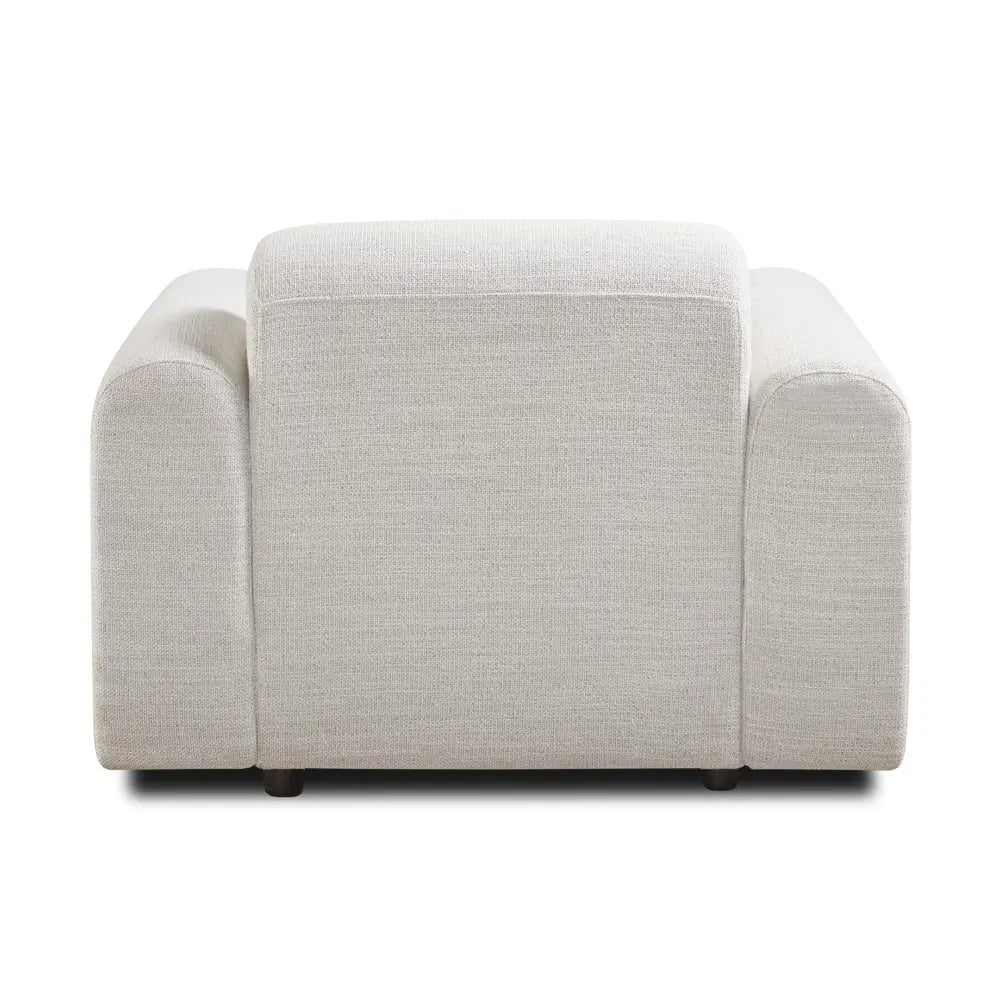 Backrest Of Grey Linen Accent Chair With Modern Wood  & Custom Fabric Options