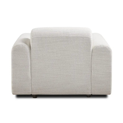 Backrest Of Grey Linen Accent Chair With Modern Wood  & Custom Fabric Options
