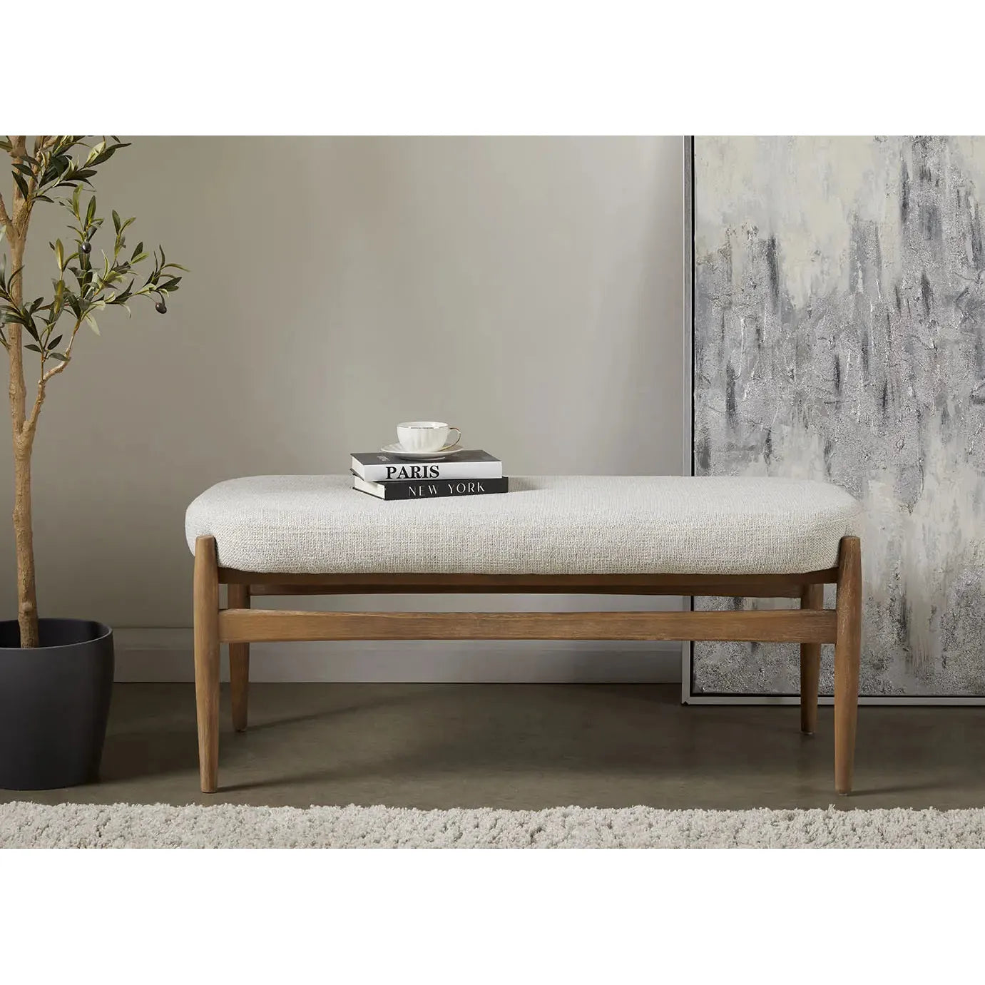 Salina Grey Linen Living Room Bench – Upholstered Seat with Wood Legs