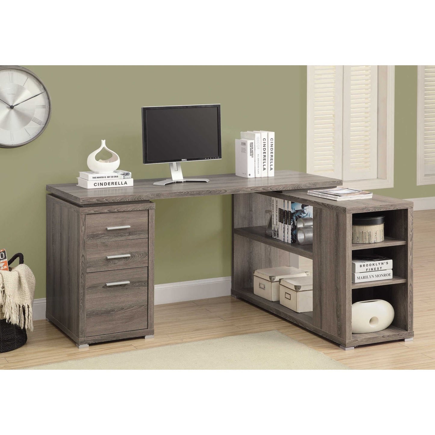 L-shaped  Computer Desk With Storage - Reversible Corner Office Desk in Dark Taupe