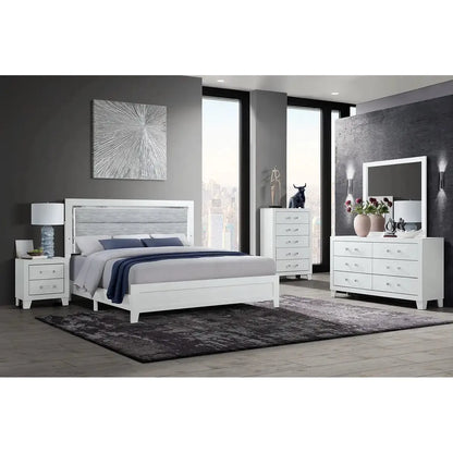 Modern bedroom set with white bed, nightstands, and dresser.