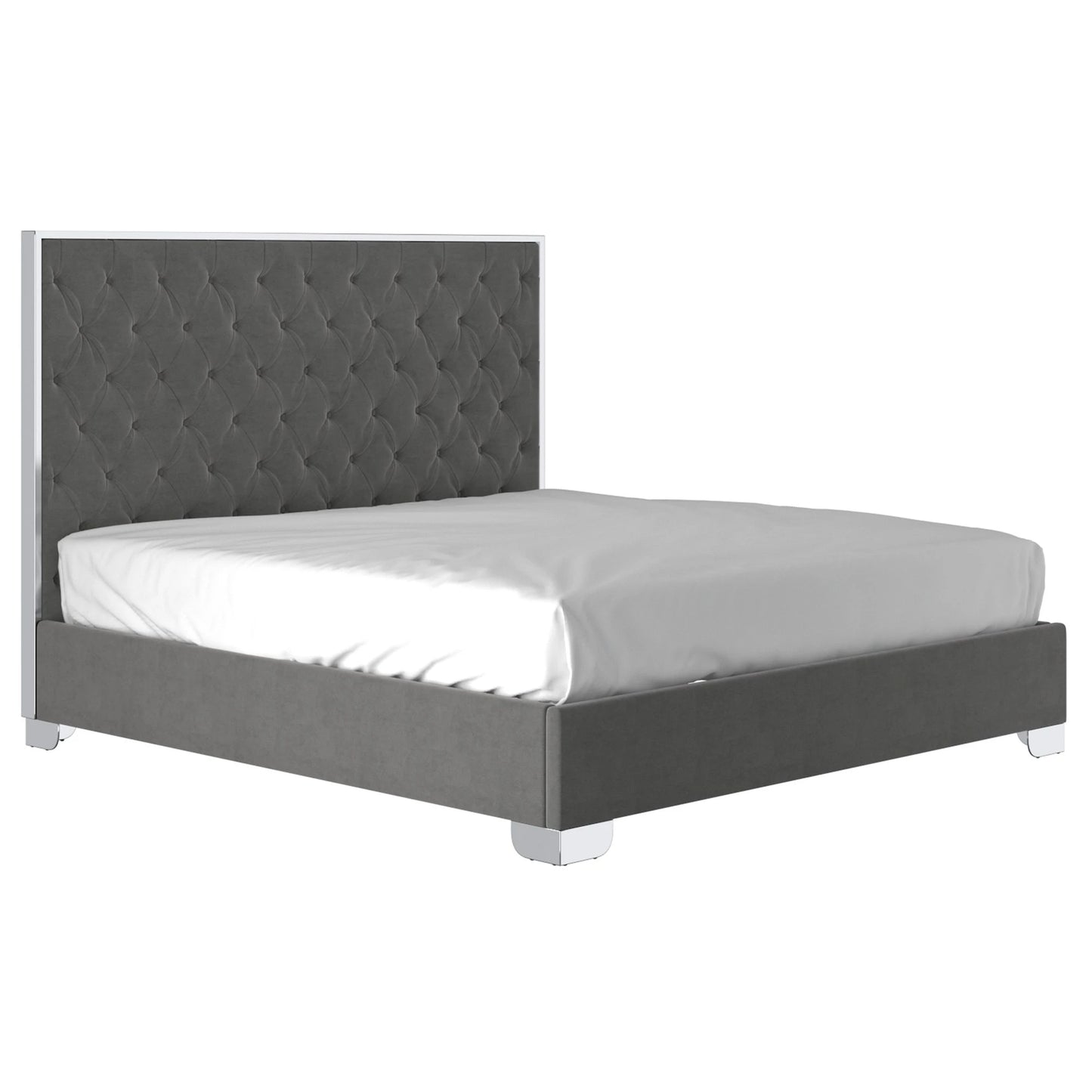 Lucille Grey Velvet Queen Bed with Diamond Tufted Headboard