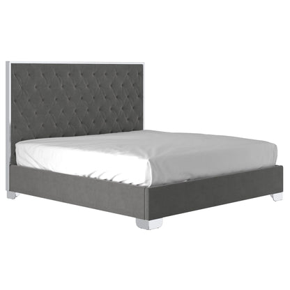 Lucille Grey Velvet Queen Bed with Diamond Tufted Headboard