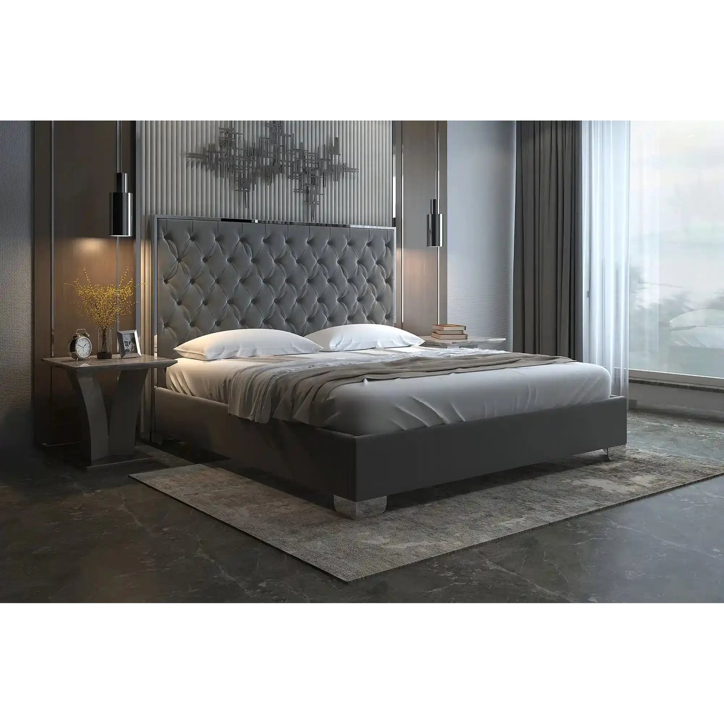 Lucille Grey Velvet Queen Bed with Diamond Tufted Headboard