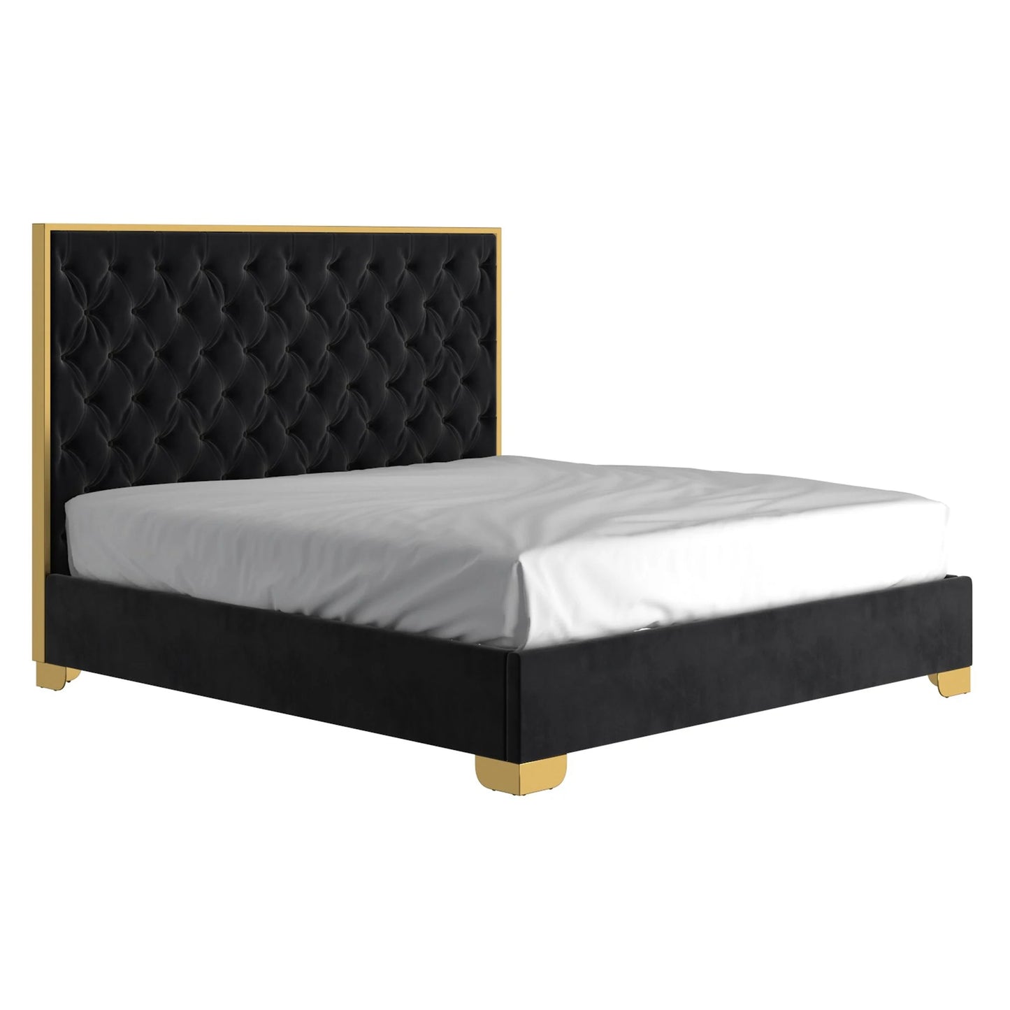 Lucille Velvet King Bed Frame with Gold Trim & Tufted Headboard