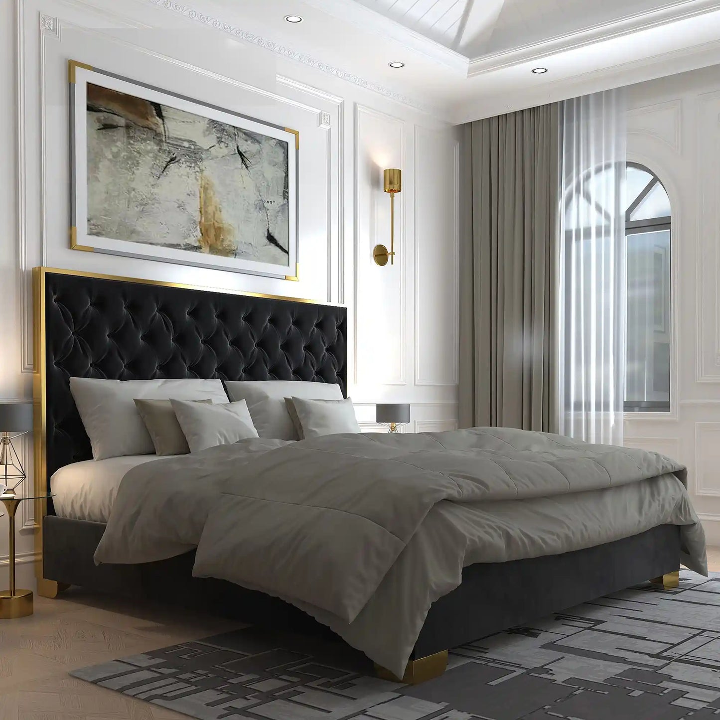 Lucille Velvet King Bed Frame with Gold Trim & Tufted Headboard