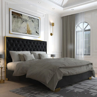 Lucille Velvet Queen Bed Frame with Gold Trim & Tufted Headboard