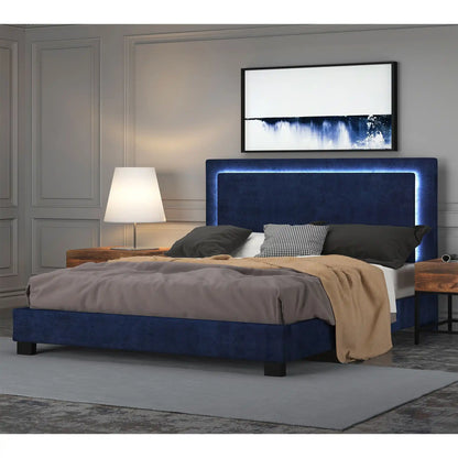 Lumina 60  Blue Velvet Queen Bed with LED Light