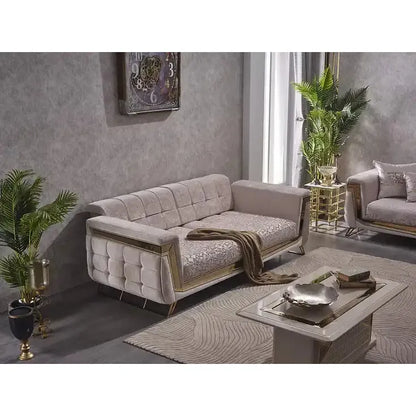 MAXIMO Beige & Gold Velvet Sofa Set – with Bed Option and Steel Legs