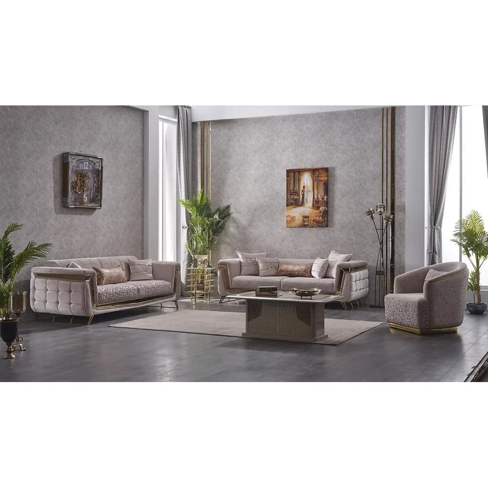 MAXIMO Beige & Gold Velvet Sofa Set – with Bed Option and Steel Legs