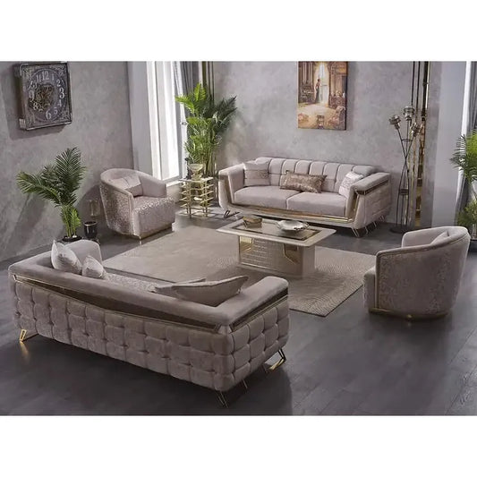 MAXIMO Beige & Gold Velvet Sofa Set – with Bed Option and Steel Legs