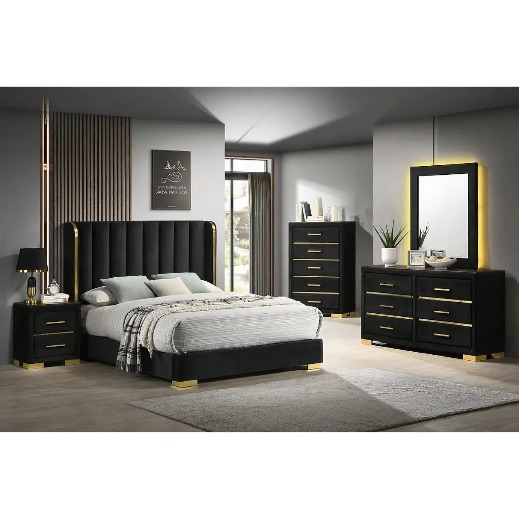 Madison Modern bedroom set with black furniture and gold accents