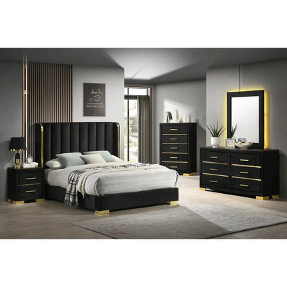 Modern bedroom set with black Bed, storage chest, 2 nightstand and dresser with mirror
