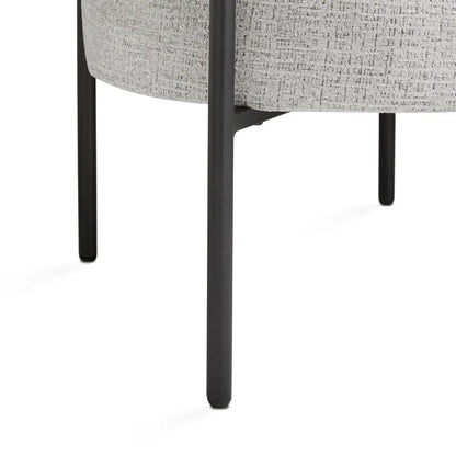 Leg View Of Mallory Grey Linen Accent Chair with Black Metal Frame. Black Metal Legs ensure long lasting Of this chair