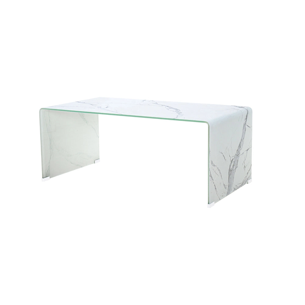 Marble Look Coffee Table – Space-Saving Bent Glass Design
