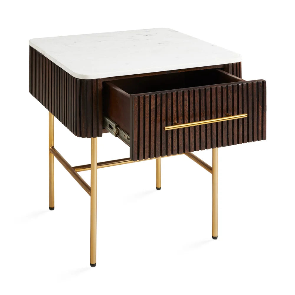 Serenity Marble Top Side Table with Gold Base & Fluted Wood Drawer