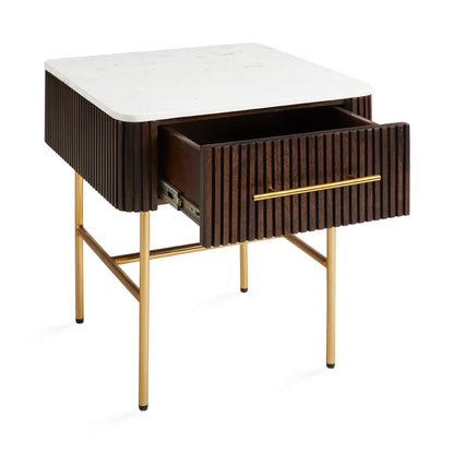 Serenity Marble Top Side Table with Gold Base & Fluted Wood Drawer