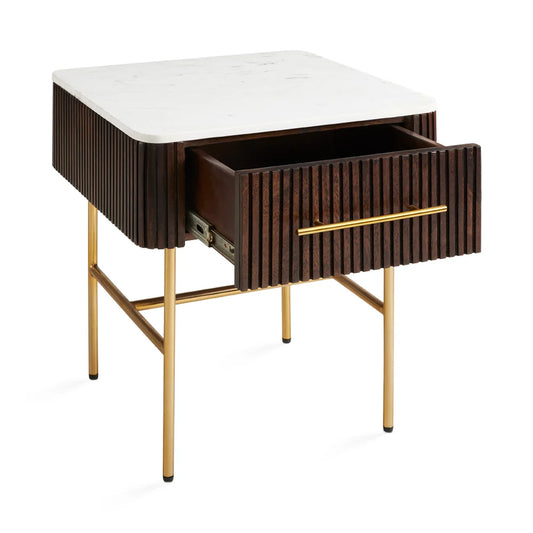 Serenity Marble Top Side Table with Gold Base & Fluted Wood Drawer