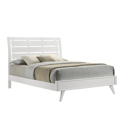 White bed frame with gray bedding
