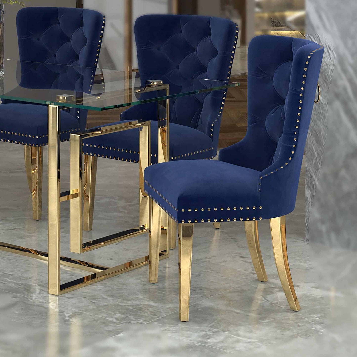 Mizal Navy Velvet Side Chair, with Gold Legs –  Set of 2