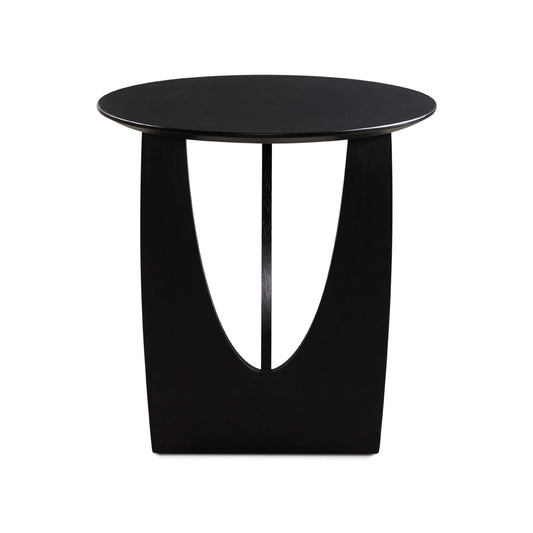 Modern Black Round End Table for Living Room – Oak Veneer Top