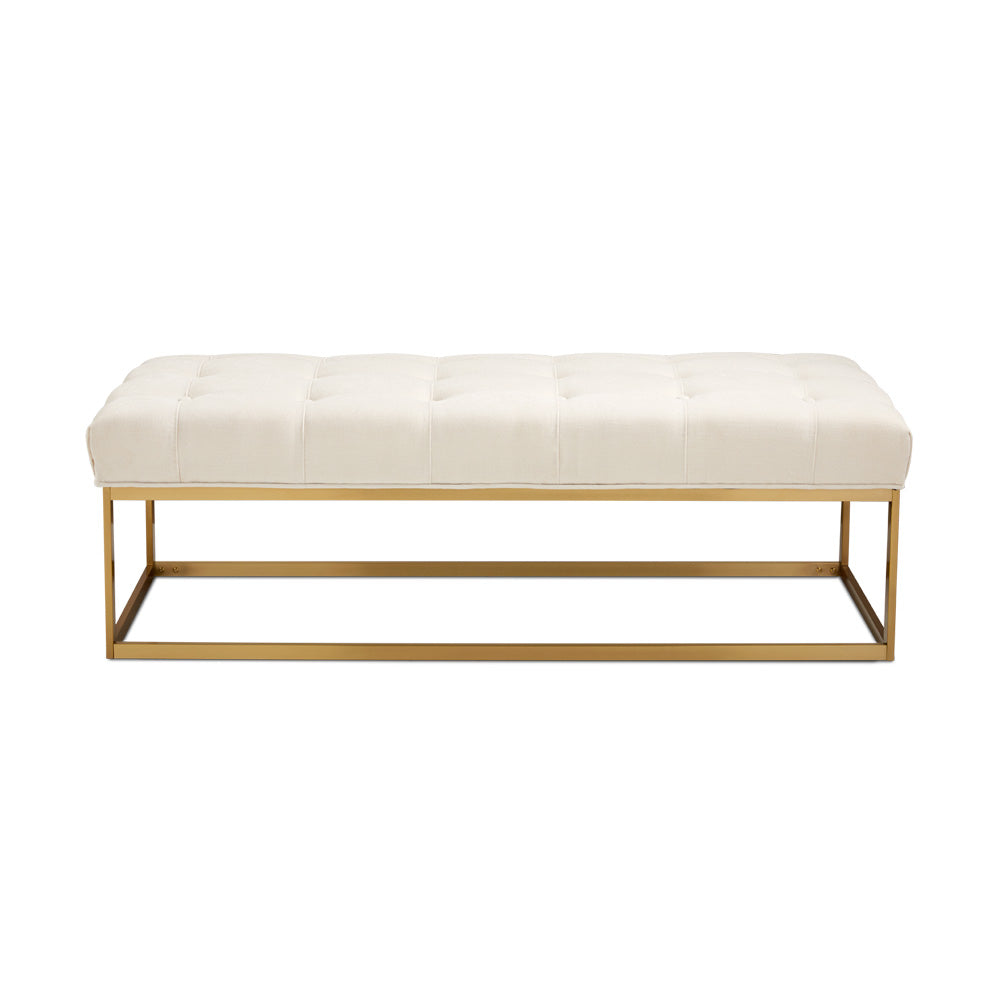 Modern Gold Bench with Tufted Ivory Linen Seat – 61" Wide