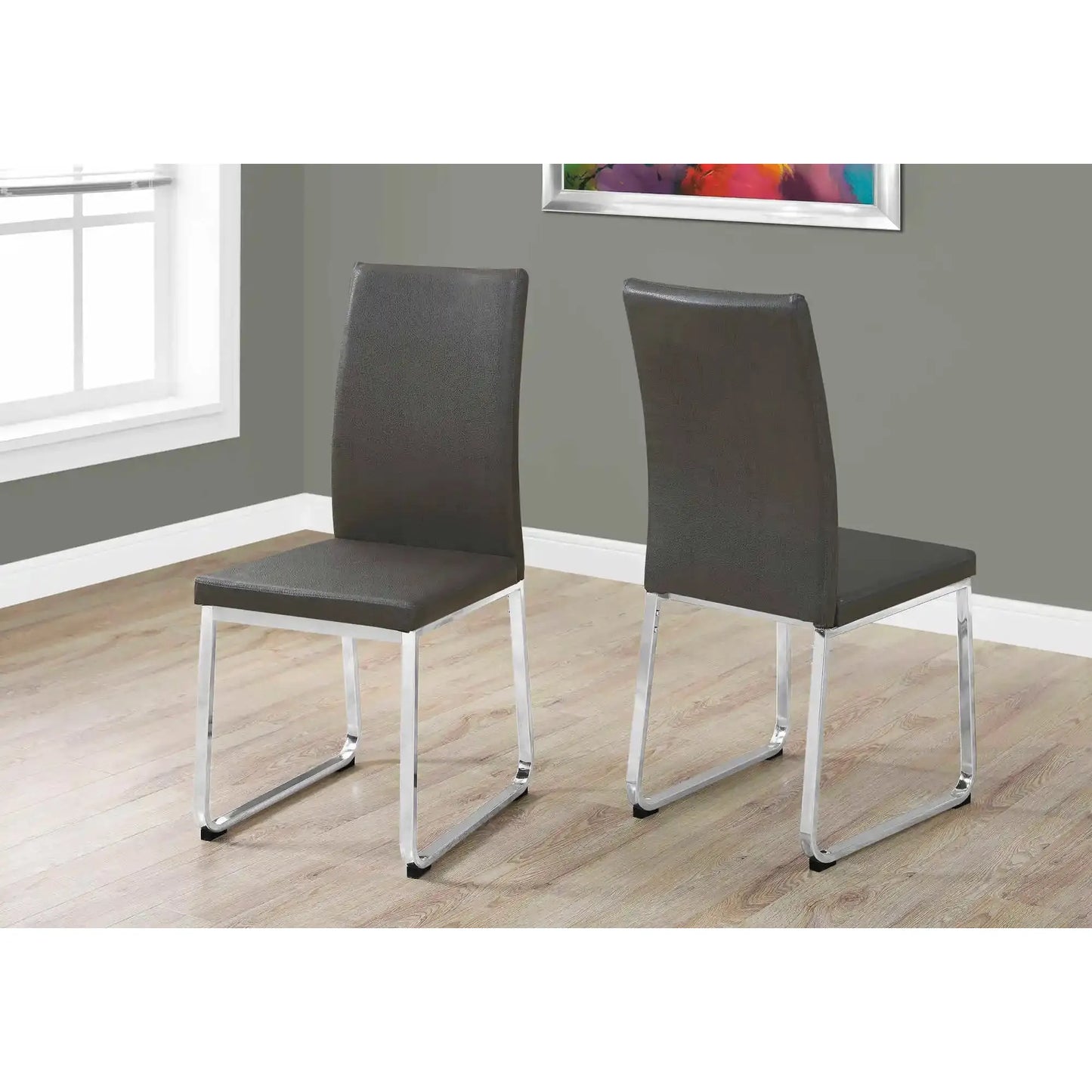 Modern Grey Leather-Look Dining Chairs – Chrome Metal Legs -Set of 2