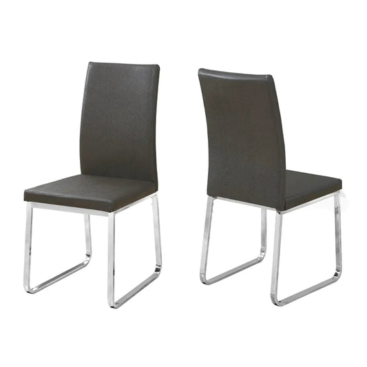 Modern Grey Leather-Look Dining Chairs – Chrome Metal Legs -Set of 2