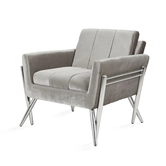 Modern Grey Velvet Accent Chair  with Criss-Cross Polished Steel Legs
