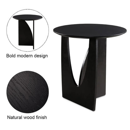 Modern Black Round End Table for Living Room – Oak Veneer Top